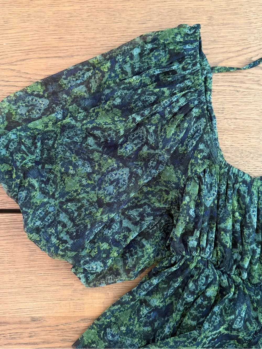 Free People Penelope Top M Green Black Sheer Puff Sleeve Smocked Peplum
